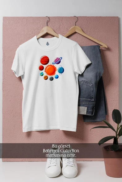 Oversize Gezegenler Ve Güneş  Tasarımlı Unisex T-Shirt ürün görseli