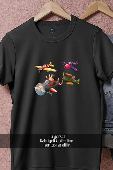 Oversize Airplane Aircraft Flight Illustration Cartoon  Tasarımlı Unisex T-Shirt - Resim 5