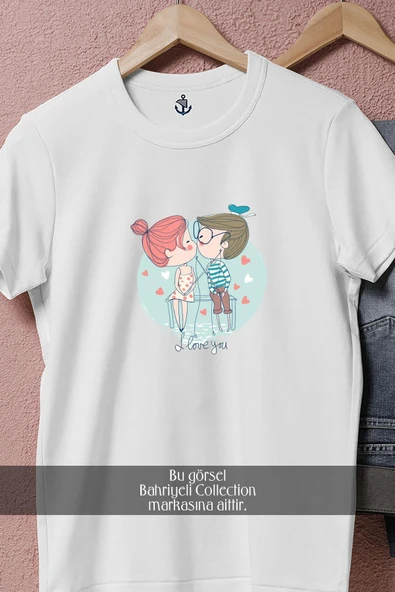 Oversize Boy And Girl Kissing İllustration  Tasarımlı Unisex T-Shirt - Resim 2