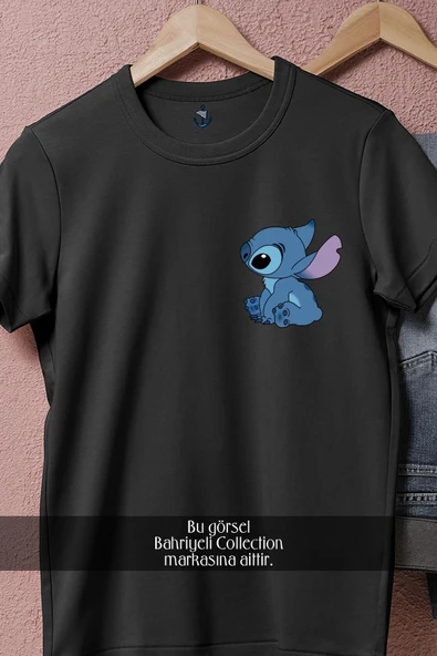 Oversize Lilo Et Stitch Cep Tasarımlı Unisex T-Shirt - Resim 10