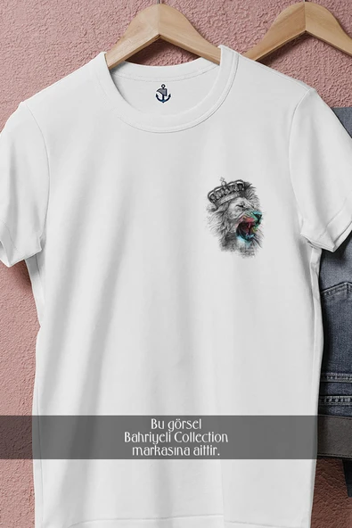 Oversize Aslan Kral Taçlı Cep Tasarımlı Unisex T-Shirt - Resim 8