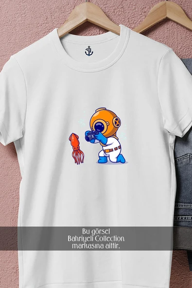 Oversize Mini Dalgıç Ve Ahtapot  Tasarımlı Unisex T-Shirt - Resim 2