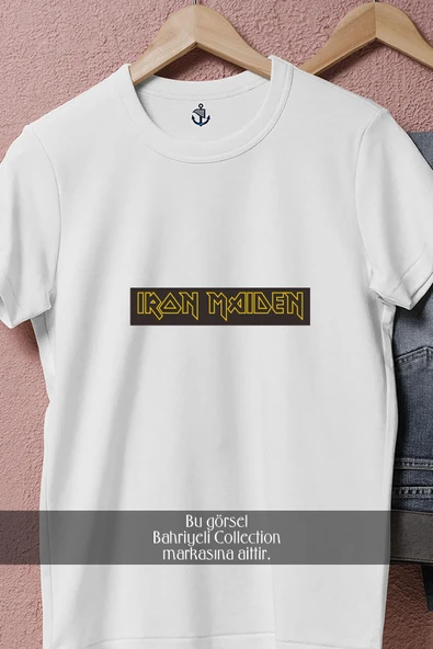 Oversize Yellow İron Maiden Yazısı  Tasarımlı Unisex T-Shirt - Resim 2