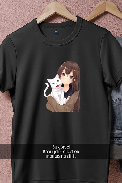 Oversize Cat Anime Drawing Kavaii Manga  Tasarımlı Unisex T-Shirt - Resim 5
