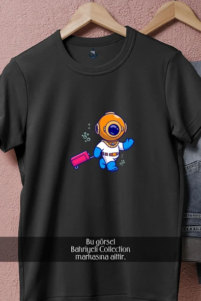 Oversize Valiz Ve Mini Dalgıç  Tasarımlı Unisex T-Shirt - 11