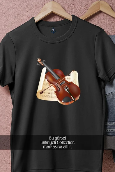 Oversize Keman Ve Nota  Tasarımlı Unisex T-Shirt - 5