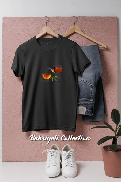 Oversize Siyah Türk Çayı Ve Demlik  Tasarımlı Unisex T-Shirt - Resim 7