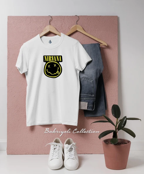Oversize Yellow and black Nirvana logo  Tasarımlı Unisex T-Shirt - Resim 5