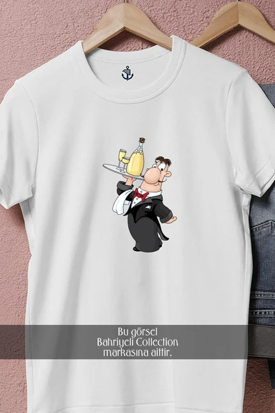 Oversize Waiter Wirh Tray And Champagne  Tasarımlı Unisex T-Shirt - Resim 4