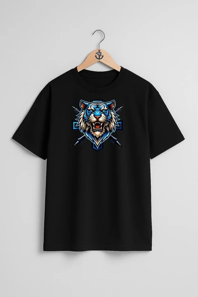 Oversize E Sport Logo Blue Tiger Göğüs Tasarımlı Unisex T-Shirt - Resim 9