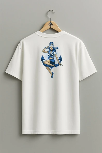 Oversize Denizci Kadın Ve Çapa Göğüs ve Sırt Tasarımlı Unisex T-Shirt - Resim 11