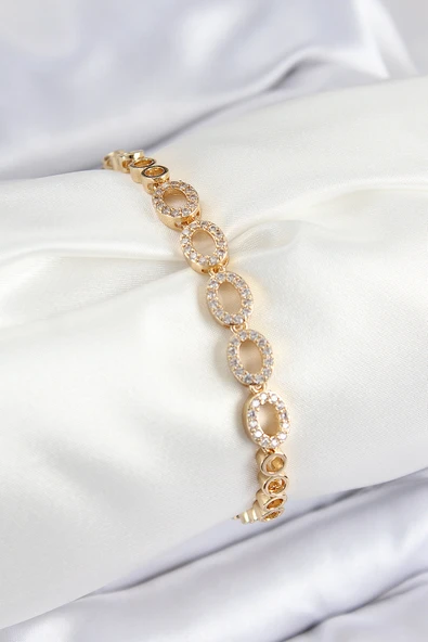 Pirinç Zirkon Taşlı Oval Model Gold Renk Kadın Bileklik - TJ-BB7543 ürün görseli