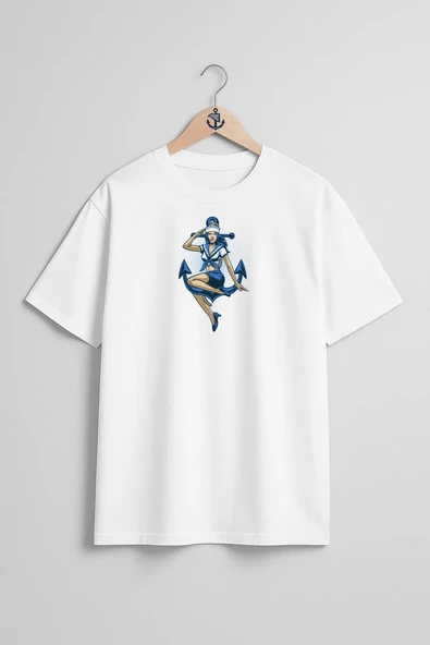 Oversize Denizci Kadın Ve Çapa Göğüs ve Sırt Tasarımlı Unisex T-Shirt - Resim 10