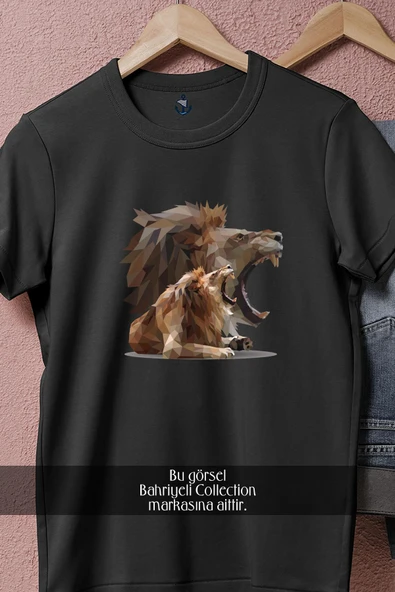 Oversize Kükreyen Aslan Vektörel  Tasarımlı Unisex T-Shirt - Resim 5