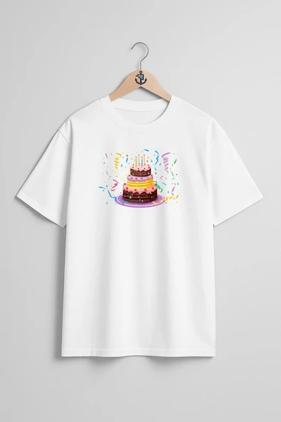 Oversize Doğum Günü Pastası Göğüs Tasarımlı Unisex T-Shirt - Resim 7