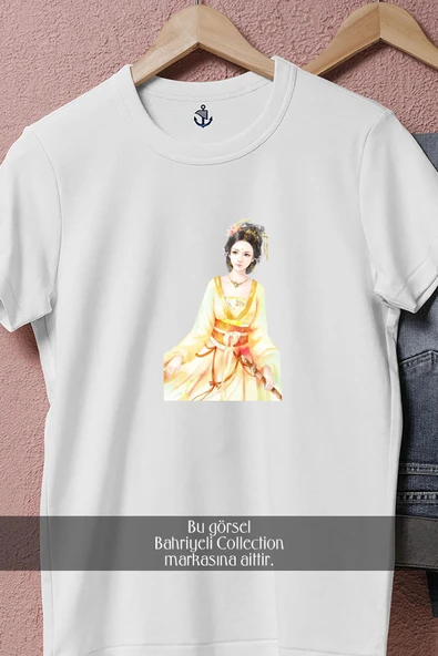 Oversize Çinli Kadın Çizim  Tasarımlı Unisex T-Shirt - Resim 4