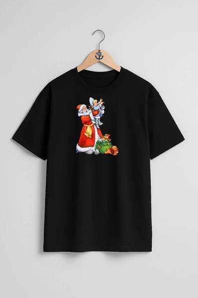 Oversize Ded Moroz Snegurochka Göğüs Tasarımlı Unisex T-Shirt - Resim 9