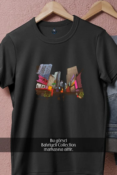 Oversize Illustration City Cartoon Building  Tasarımlı Unisex T-Shirt - Resim 11