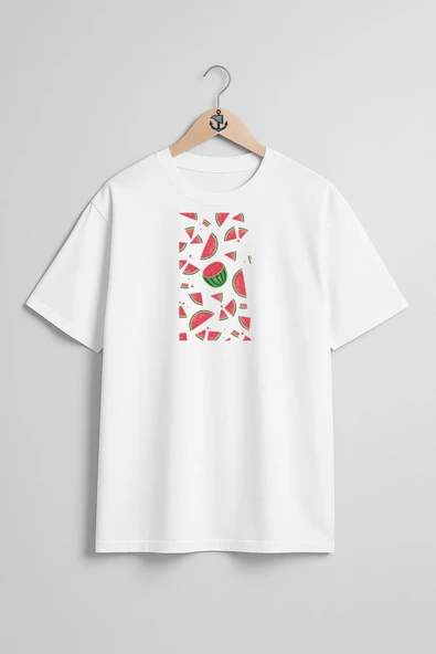 Oversize Karpuz Parçaları Göğüs Tasarımlı Unisex T-Shirt - Resim 3