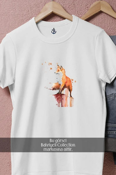 Oversize Orange Fox Watercolor Painting  Tasarımlı Unisex T-Shirt - Resim 2