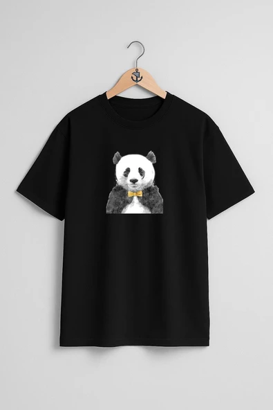 Oversize Sarı Papyon İle Panda Göğüs Tasarımlı Unisex T-Shirt - Resim 9