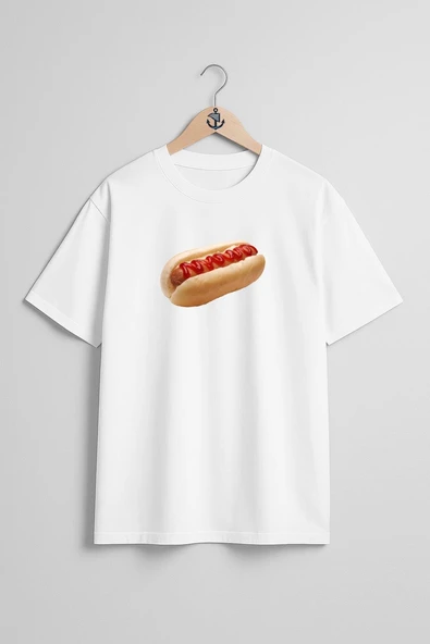 Oversize Sosisli Hotdog Göğüs Tasarımlı Unisex T-Shirt - Resim 3