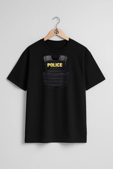 Oversize Polis Çelik Yelek Göğüs Tasarımlı Unisex T-Shirt - 11