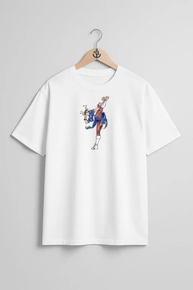Oversize Chun-Li Cammy Street Fighter Göğüs Tasarımlı Unisex T-Shirt ürün görseli