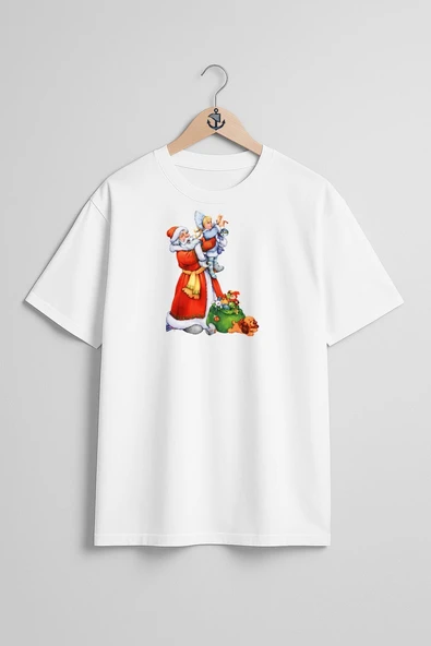 Oversize Ded Moroz Snegurochka Göğüs Tasarımlı Unisex T-Shirt - Resim 3