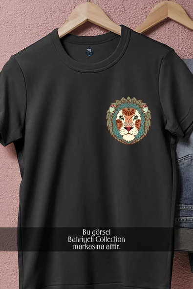 Oversize Motifli Aslan Başı  Cep Tasarımlı Unisex T-Shirt - Resim 5