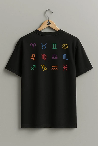 Oversize Horoscope Logo İllustration, Astrological Sign Zodiac Sırt Tasarımlı Unisex T-Shirt - 9