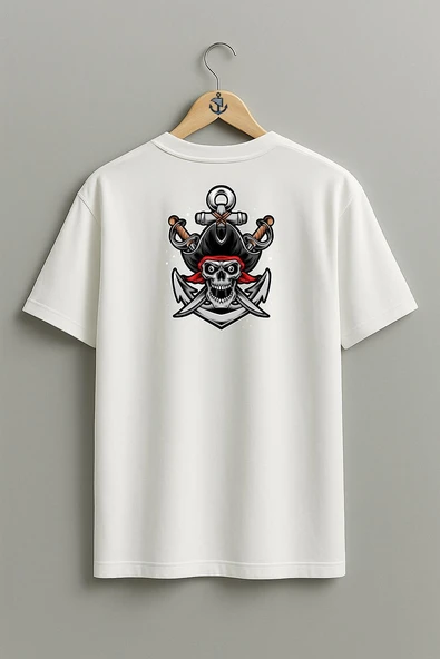 Oversize Skull Pirate With Sword And Anchor Cep ve Sırt Tasarımlı Unisex T-Shirt - Resim 2