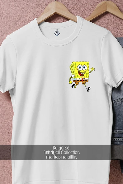 Oversize Spongebob Squarepants İllustration Cep Tasarımlı Unisex T-Shirt - Resim 3