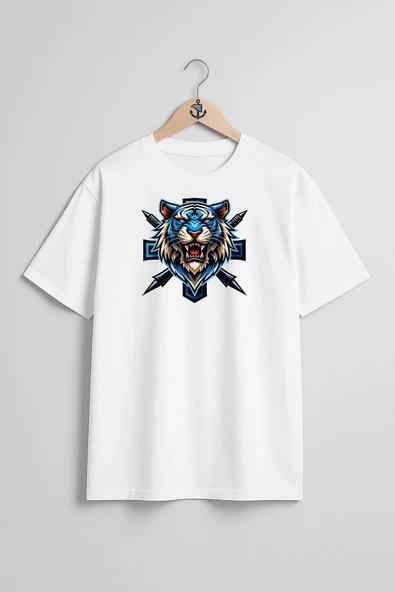 Oversize E Sport Logo Blue Tiger Göğüs Tasarımlı Unisex T-Shirt ürün görseli
