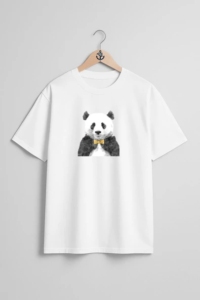 Oversize Sarı Papyon İle Panda Göğüs Tasarımlı Unisex T-Shirt - Resim 5