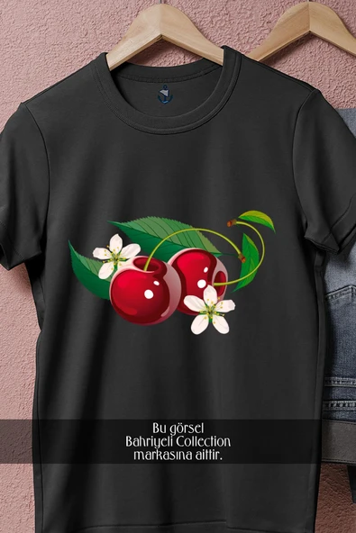 Oversize Çiçekli Kiraz Cherry  Tasarımlı Unisex T-Shirt - Resim 11