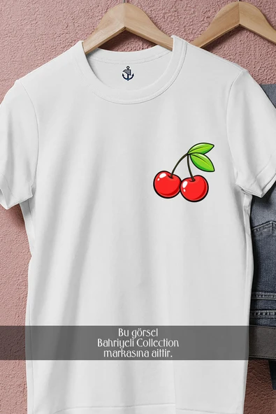 Oversize Vektörel Kiraz Cherry Cep Tasarımlı Unisex T-Shirt - Resim 2