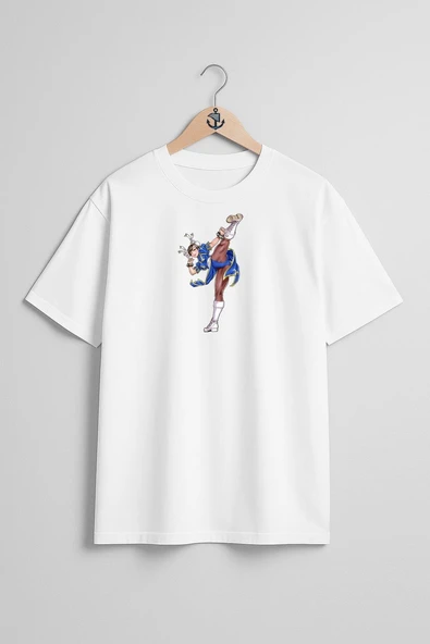 Oversize Chun-Li Cammy Street Fighter Göğüs Tasarımlı Unisex T-Shirt - Resim 3