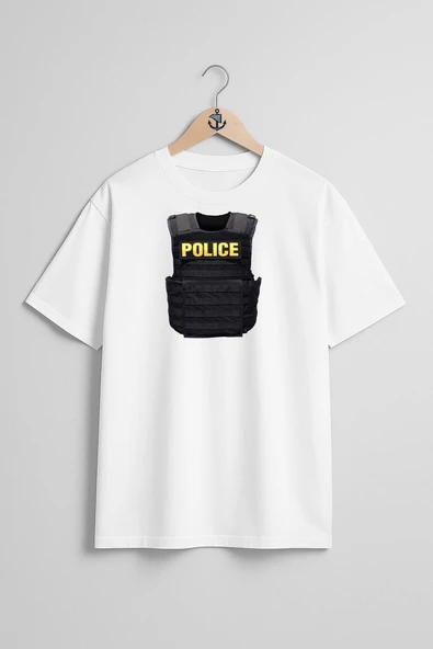 Oversize Polis Çelik Yelek Göğüs Tasarımlı Unisex T-Shirt - 3