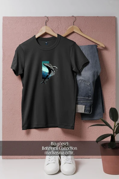 Oversize Whale İllustration Black And White  Tasarımlı Unisex T-Shirt - Resim 7