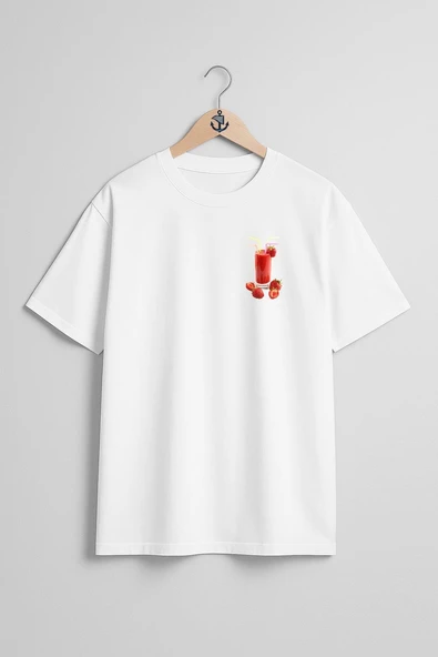Oversize Çilekli Smoothie Cep Tasarımlı Unisex T-Shirt ürün görseli