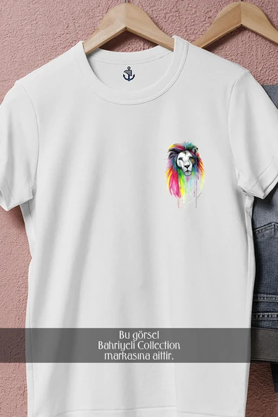 Oversize Renkli Aslan Görseli Cep Tasarımlı Unisex T-Shirt - Resim 3