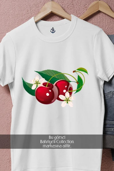 Oversize Çiçekli Kiraz Cherry  Tasarımlı Unisex T-Shirt - Resim 2
