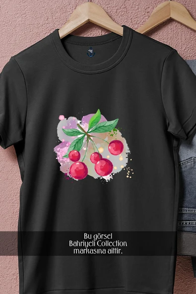 Oversize Renkli Kiraz Cherry  Tasarımlı Unisex T-Shirt - Resim 5