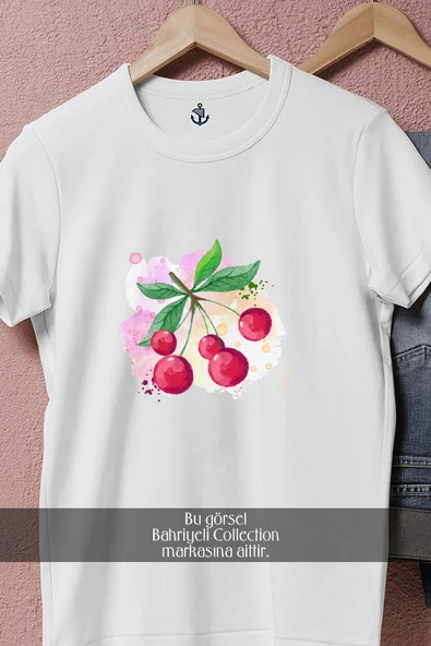 Oversize Renkli Kiraz Cherry  Tasarımlı Unisex T-Shirt - Resim 2