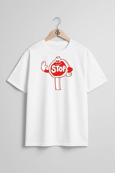 Oversize Stop Dur Tabelası Göğüs Tasarımlı Unisex T-Shirt - Resim 7