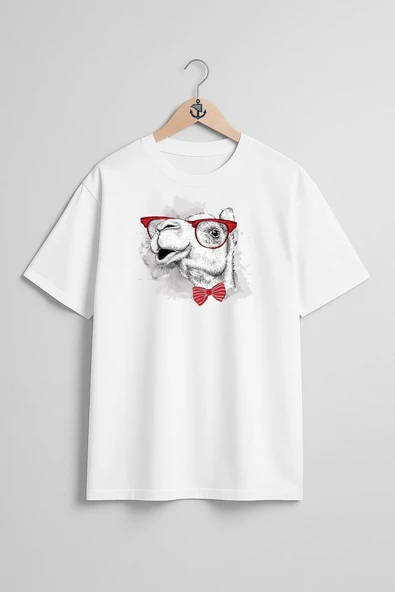 Oversize Komik Deve Ve Gözlük Ve Papyon Göğüs Tasarımlı Unisex T-Shirt - Resim 5