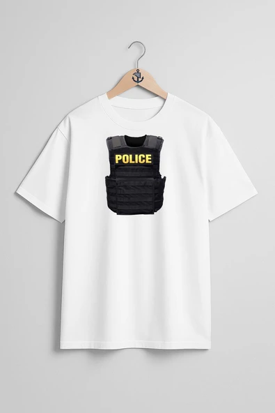 Oversize Polis Çelik Yelek Göğüs Tasarımlı Unisex T-Shirt - 7