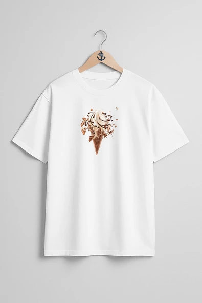 Oversize İce Cream With Chocolate Drizzle Dondurma Göğüs Tasarımlı Unisex T-Shirt - Resim 5