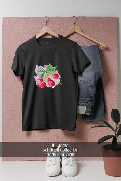 Oversize Renkli Kiraz Cherry  Tasarımlı Unisex T-Shirt - Resim 10